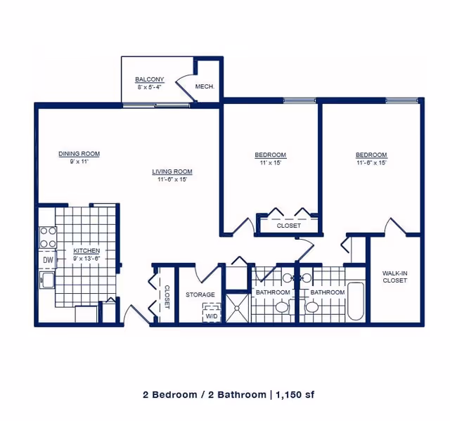 Floor plan of a 2 bedroom, 2 bathroom apartment with a living room, dining room, kitchen, balcony, storage, and closets. The layout includes dimensions for each room and a total area of 1,150 square feet.