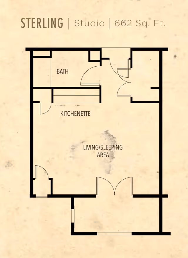 Floor plan of a studio apartment named Sterling with 662 square feet, showing a bath, kitchenette, and living/sleeping area.