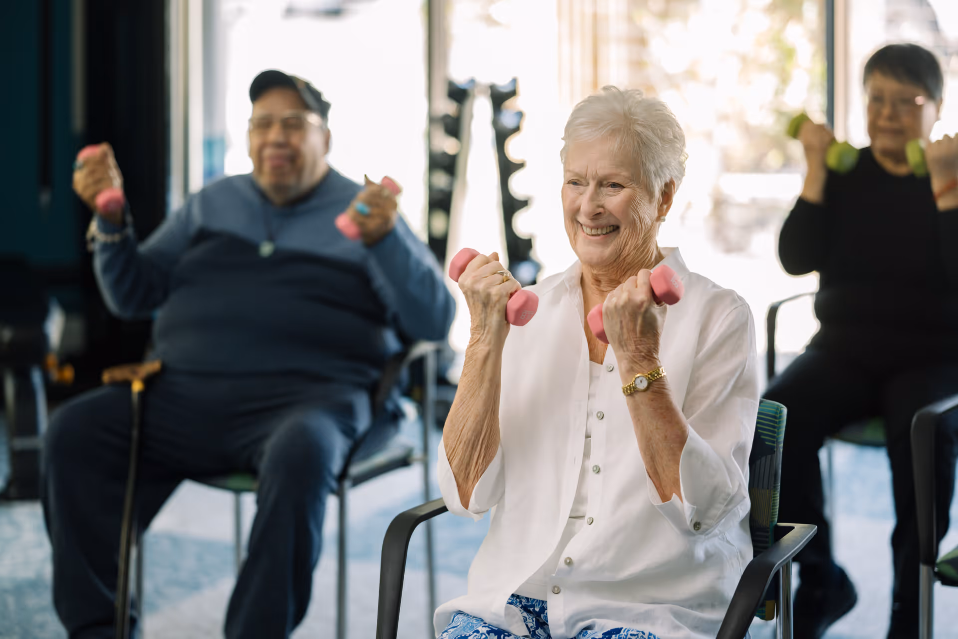 Three elderly individuals sitting on chairs indoors, each holding small pink dumbbells and participating in a seated exercise session. The woman in the foreground is smiling and wearing a white shirt, while the two people in the background are also lifting weights.