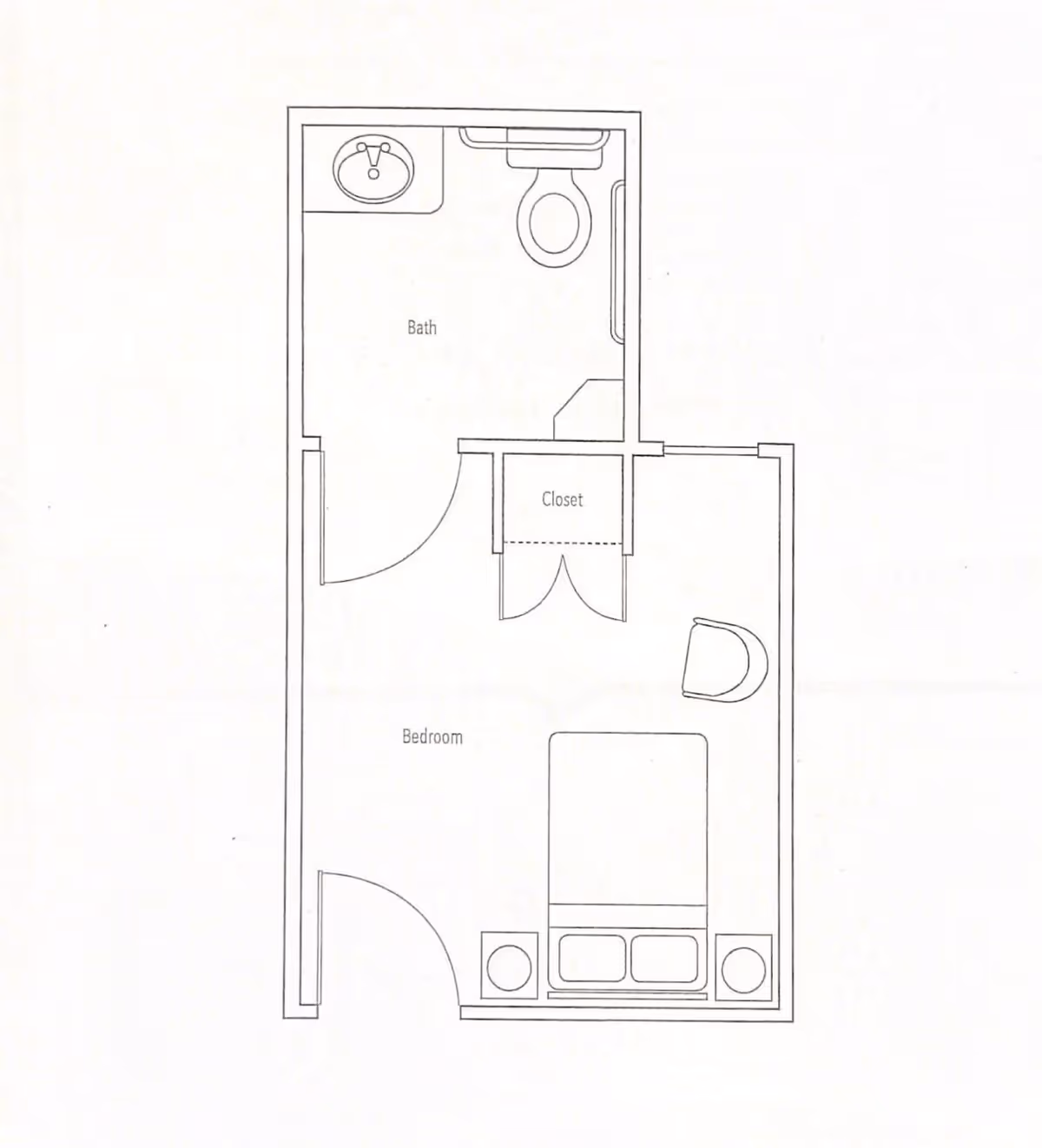 Architectural floor plan showing a small living space with a bedroom, closet, and bathroom. The bedroom contains a bed, two nightstands, and a chair. The bathroom includes a sink, toilet, and shower area.