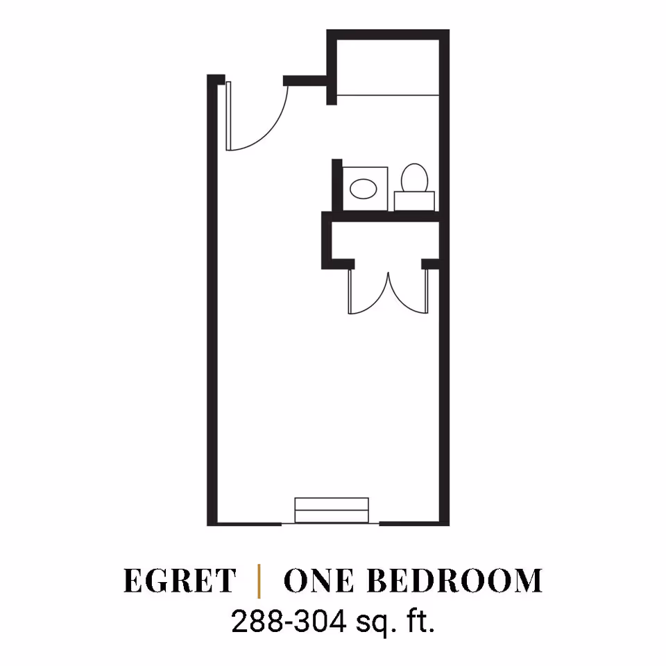 Floor plan layout of a one-bedroom unit named Egret, with an area of 288-304 square feet, showing the entrance, a bathroom with a toilet and sink, and a main living/sleeping area.
