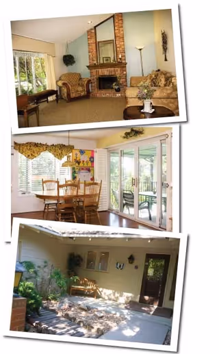 A collage of three images showing different areas of MillBrook Homes Assisted Living - Wabash. The top image shows a cozy living room with a brick fireplace, an armchair, a sofa, a floor lamp, and a small table with a flower vase. The middle image shows a dining area with a wooden table and chairs, large windows with valances, and sliding glass doors leading to an outdoor patio. The bottom image shows an outdoor covered patio area with a bench, plants, and a door leading inside.