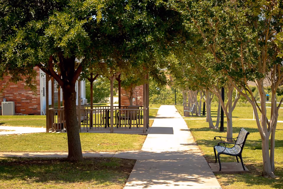 A sunny outdoor pathway lined with trees and benches on the right side, leading to a covered seating area with tables and chairs. A brick building is visible in the background.