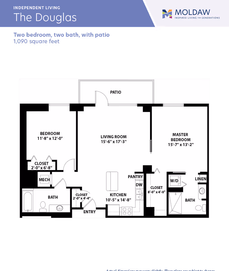 Labeled black-and-white floor plan of "The Douglas," a two-bedroom, two-bath apartment with living room, kitchen, patio and Moldaw branding.