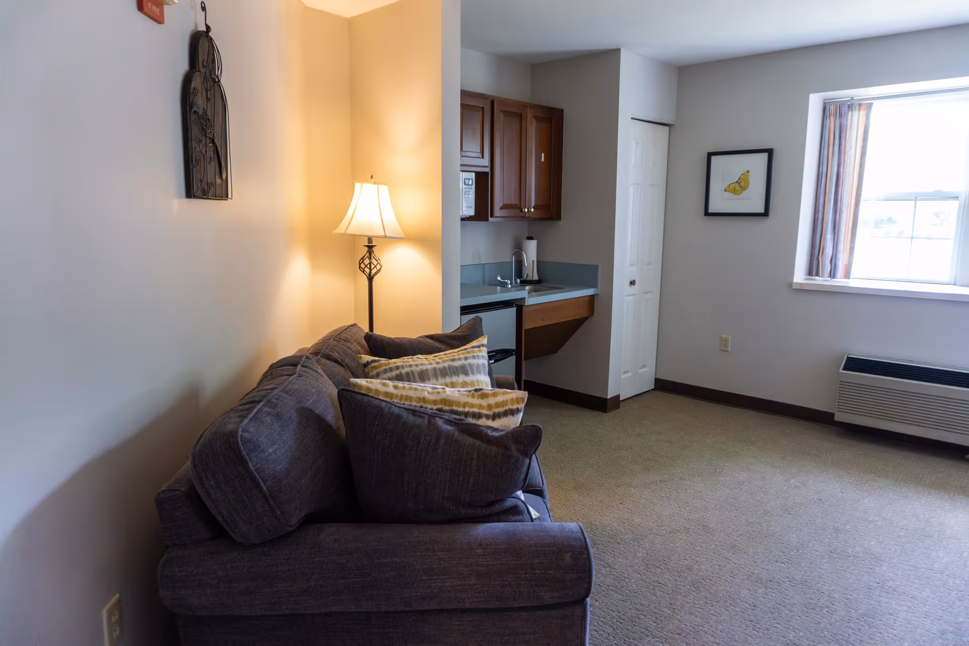 A cozy living area with a gray couch adorned with multiple pillows, a floor lamp beside it, and a small kitchenette with wooden cabinets and a sink in the background. There is a window with curtains and a framed picture of a yellow butterfly on the wall.