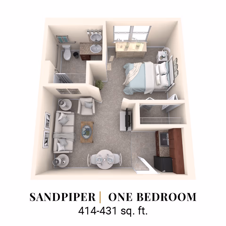 3D floor plan of a one-bedroom apartment named Sandpiper, showing a bedroom with a bed and dresser, a bathroom with a toilet and sink, a living area with a sofa, chair, coffee table, and dining table, and a kitchen with cabinets, sink, and refrigerator.