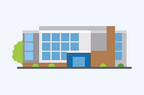 Stylized illustration of a modern senior living facility exterior with blue-tinted windows and a prominent entrance.