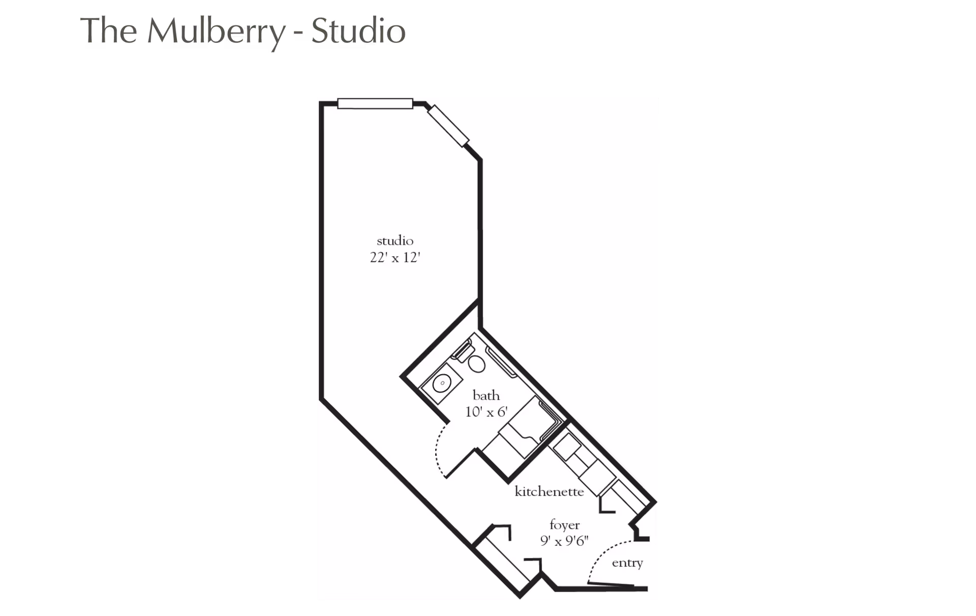 Floor plan of The Mulberry studio apartment showing a studio area measuring 22 by 12 feet, a bathroom measuring 10 by 6 feet, a kitchenette, a foyer measuring 9 by 9 feet 6 inches, and an entry door.