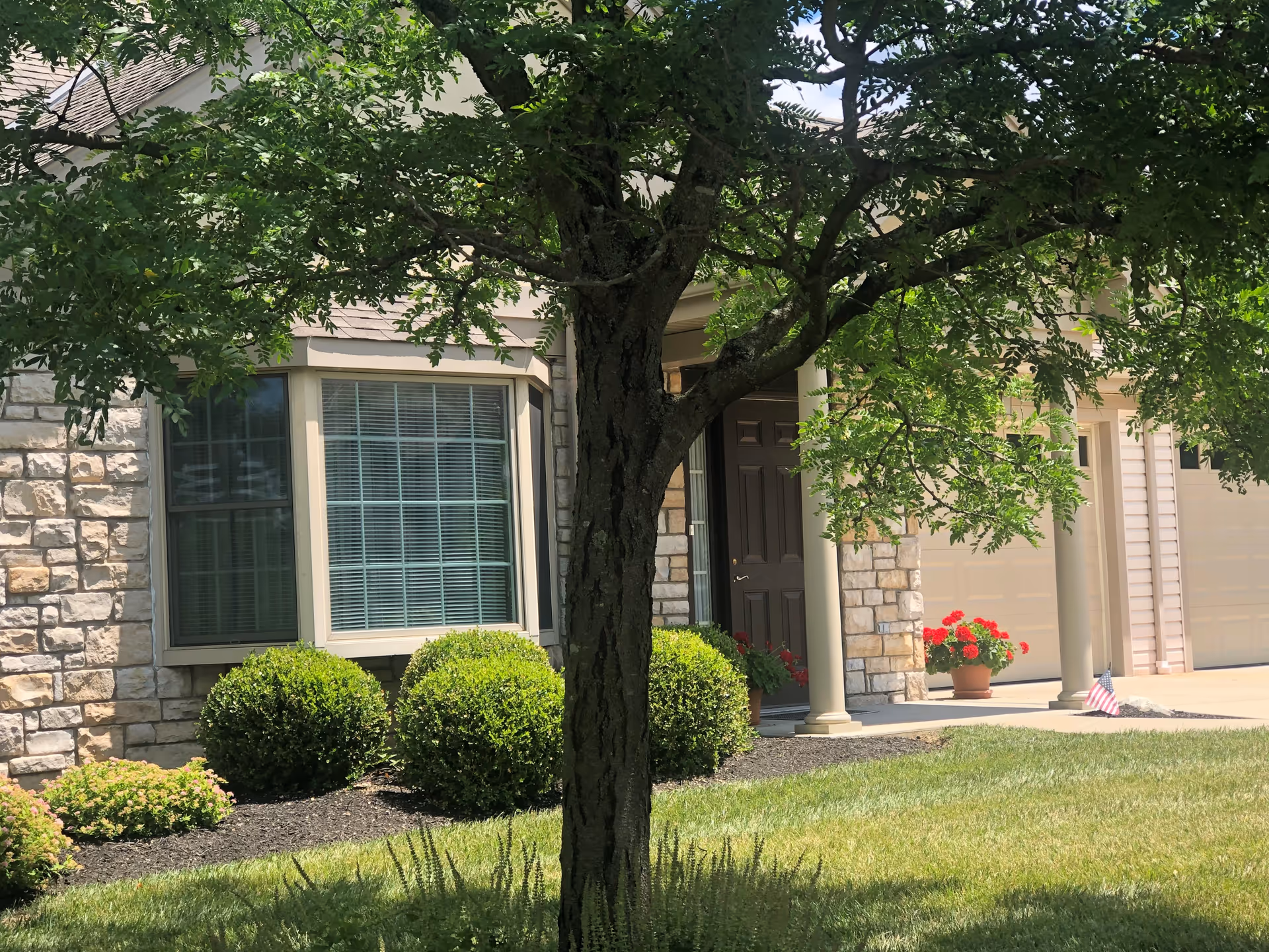 Front exterior view of a senior care facility with a stone facade, a large window with blinds, a brown front door with columns on either side, potted red flowers near the entrance, a tree with green leaves in the foreground, and neatly trimmed bushes and grass.