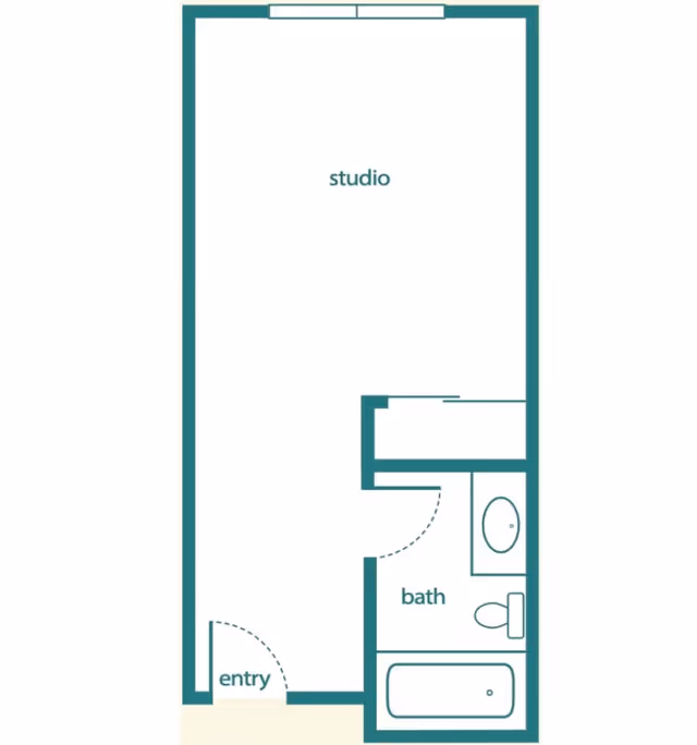 Floor plan layout of a studio apartment at Menifee Senior Living, showing an entry area leading into a studio space with an adjacent bathroom that includes a bathtub, toilet, and sink.