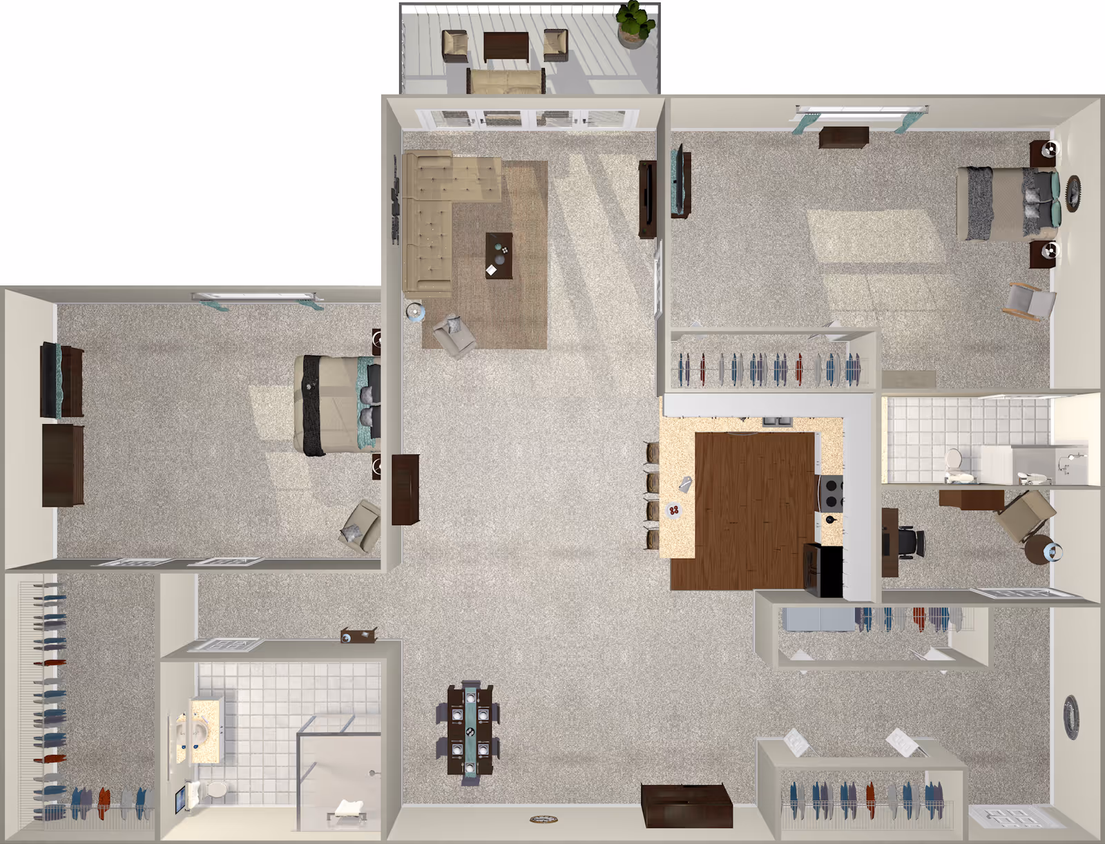 Top-down view of a two-bedroom apartment floor plan featuring a living room with sectional sofa and armchair, a dining area with table and six chairs, a kitchen with an island and bar stools, two bedrooms each with a bed and furniture, two bathrooms, multiple closets, and a small balcony with outdoor seating.