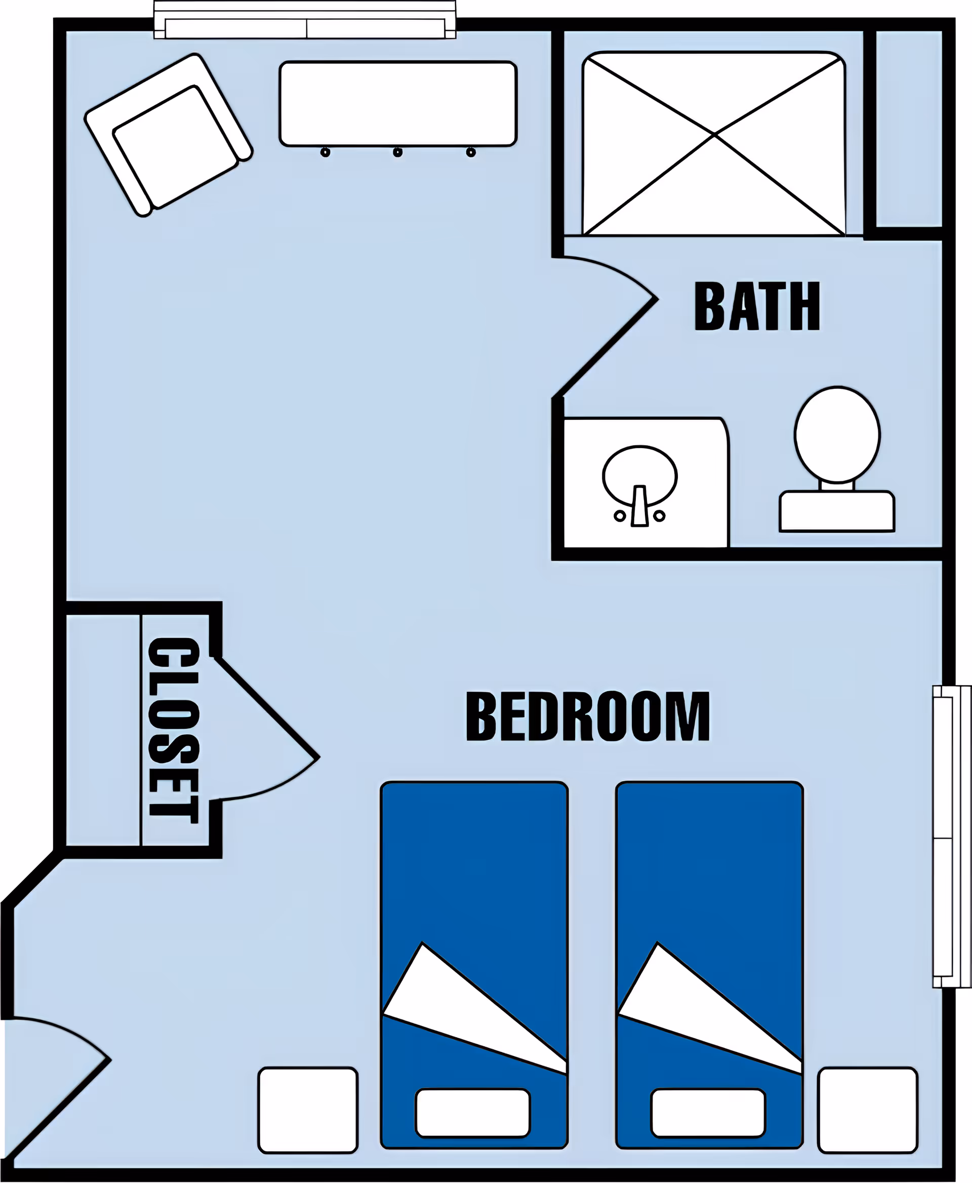 Floor plan of a senior living community unit showing a bedroom with two beds, a closet, a sitting area with a chair and a small table, and an attached bathroom with a sink, toilet, and shower.