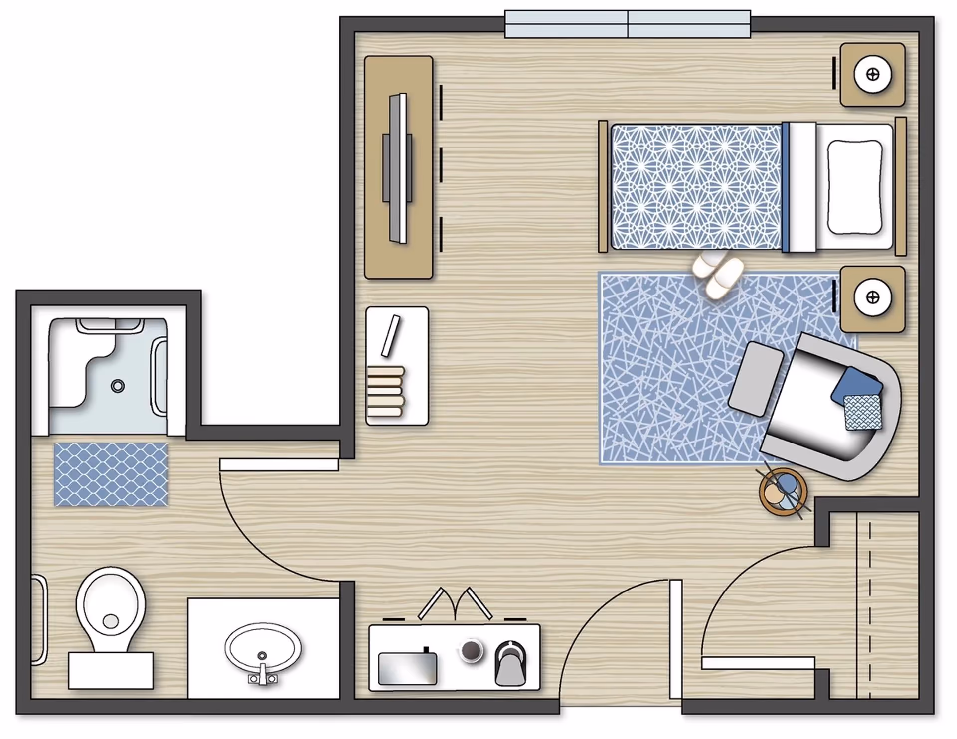 Top-down illustrated floor plan of a studio apartment showing a bed, seating area with chair and rug, TV stand, kitchenette, and a bathroom with shower and toilet.