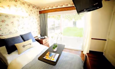 Cozy bedroom at University Post-Acute Rehab with floral wallpaper, bed, plants, tray, TV, and patio door.