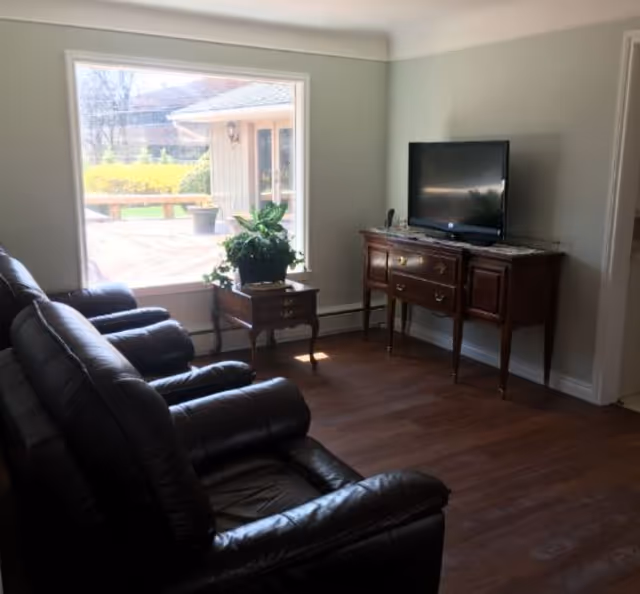 Sunlit living room with three leather recliners facing a TV on an antique sideboard beside a large window with a potted plant.
