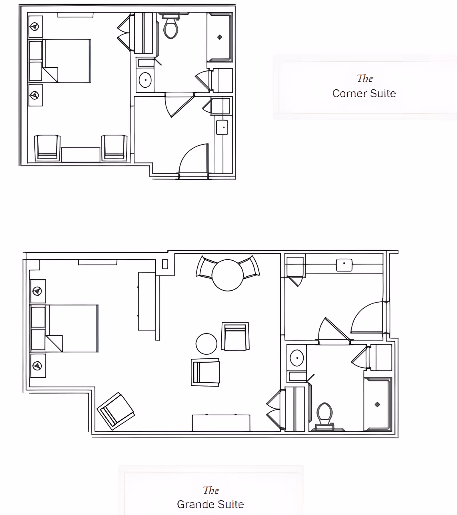 Architectural floor plans for two types of suites at The Legacy at Highwoods Preserve: The Corner Suite and The Grande Suite. Each floor plan shows the layout of rooms including bedroom, bathroom, living area, and closet spaces.