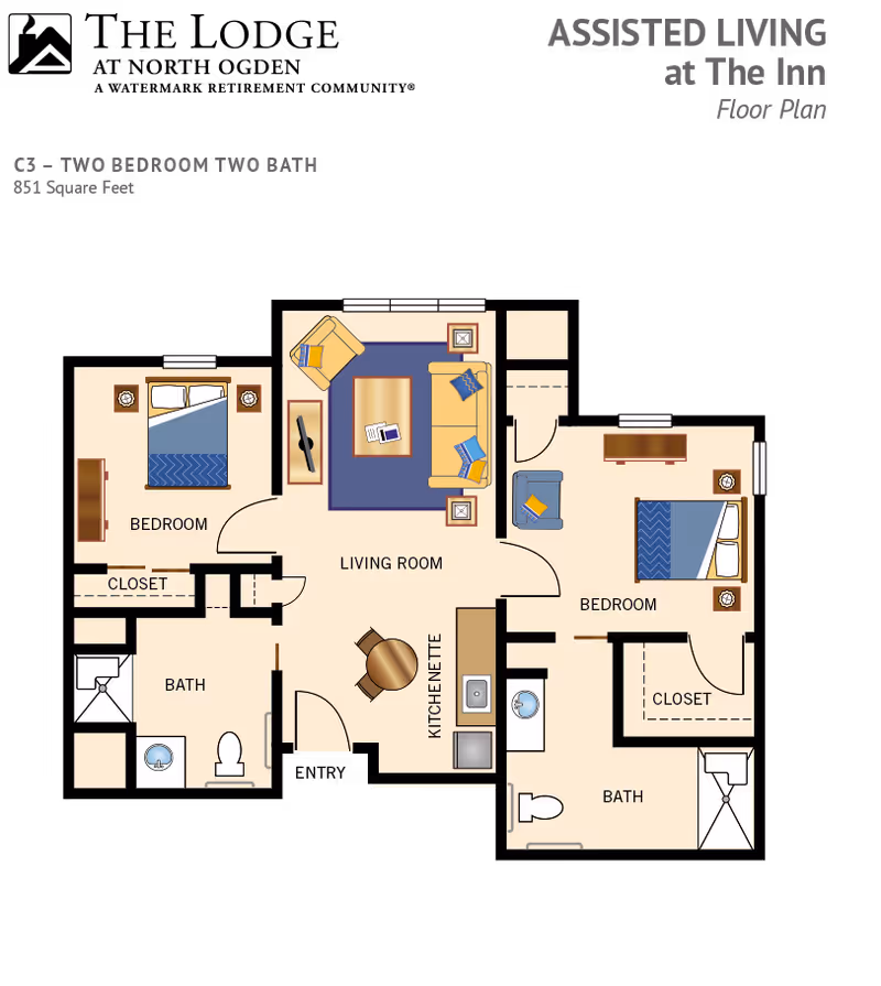 Colored floor plan illustration of a two-bedroom, two-bath assisted living apartment showing bedrooms, baths, living room and kitchenette.