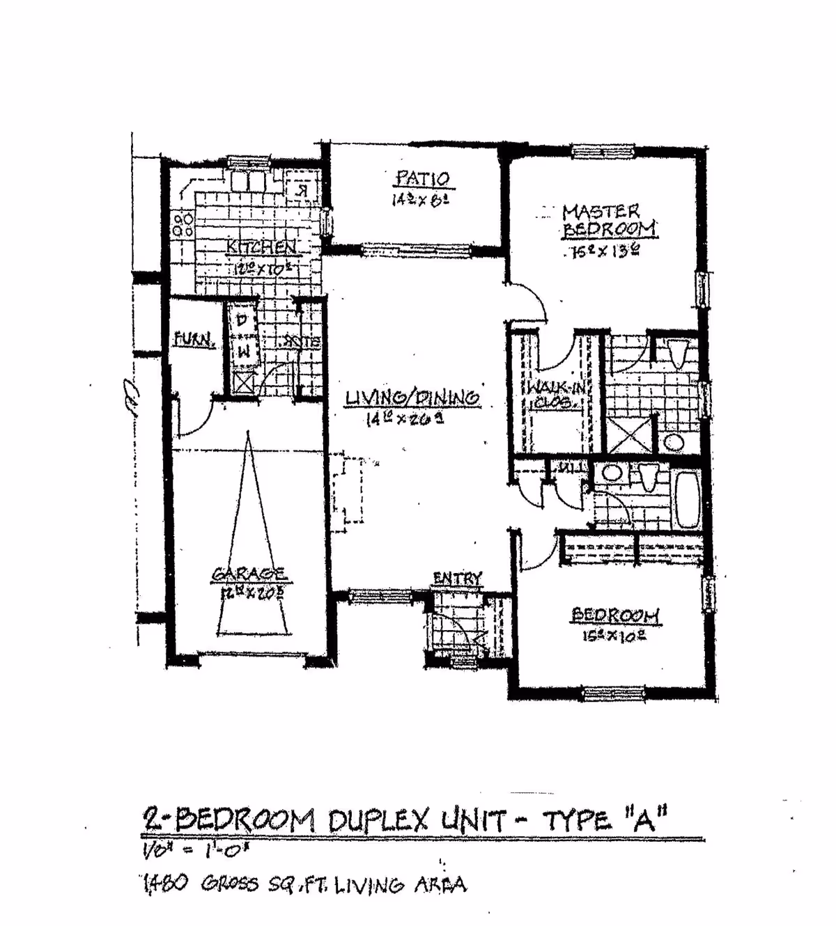 Architectural floor plan of a 2-bedroom duplex unit, Type A, showing layout with labeled rooms including kitchen, patio, master bedroom with walk-in closet and bathroom, second bedroom, living/dining area, entry, garage, and utility spaces.