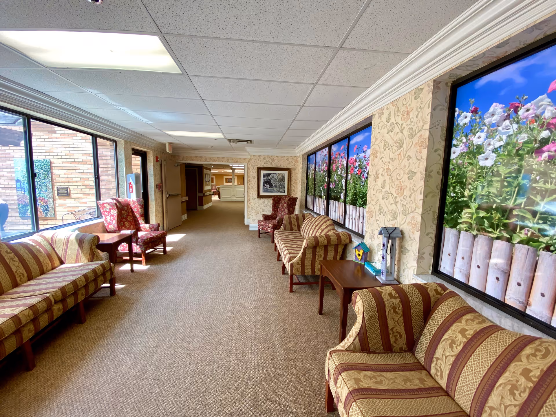 A long carpeted lounge corridor with patterned sofas and armchairs, side tables, and large floral window murals.