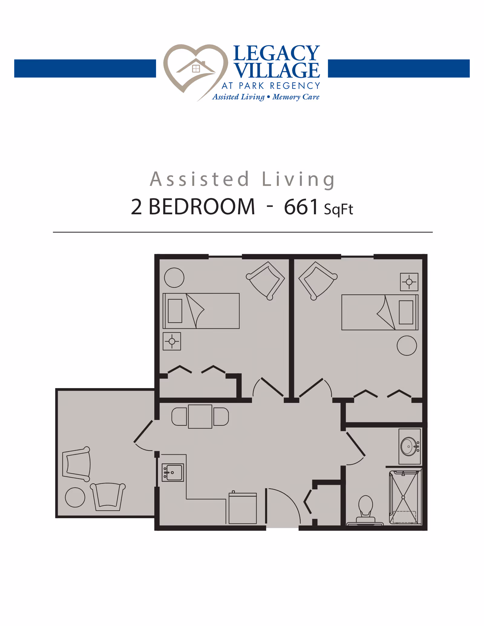 Floor plan of a 2-bedroom assisted living apartment with 661 square feet at Legacy Village at Park Regency. The layout includes two bedrooms, a bathroom with a shower and toilet, a kitchen area, a dining table, and a small living space with chairs.