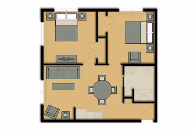 Top-down floor plan of a two-bedroom apartment showing living room, dining table, kitchen area and a bathroom.