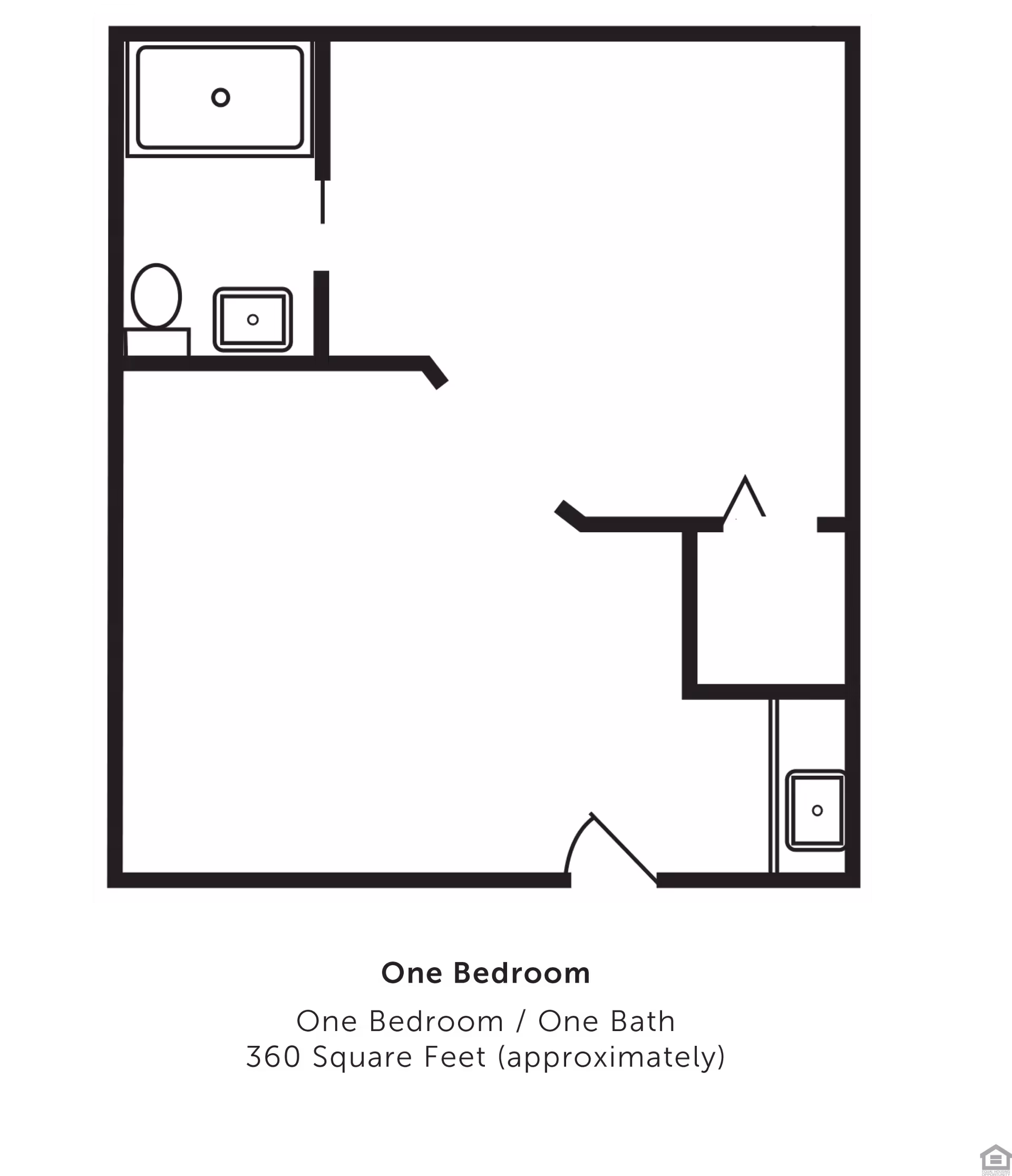 Floor plan layout of a one-bedroom, one-bath apartment approximately 360 square feet, showing bathroom fixtures, a kitchen area, and an entry door.