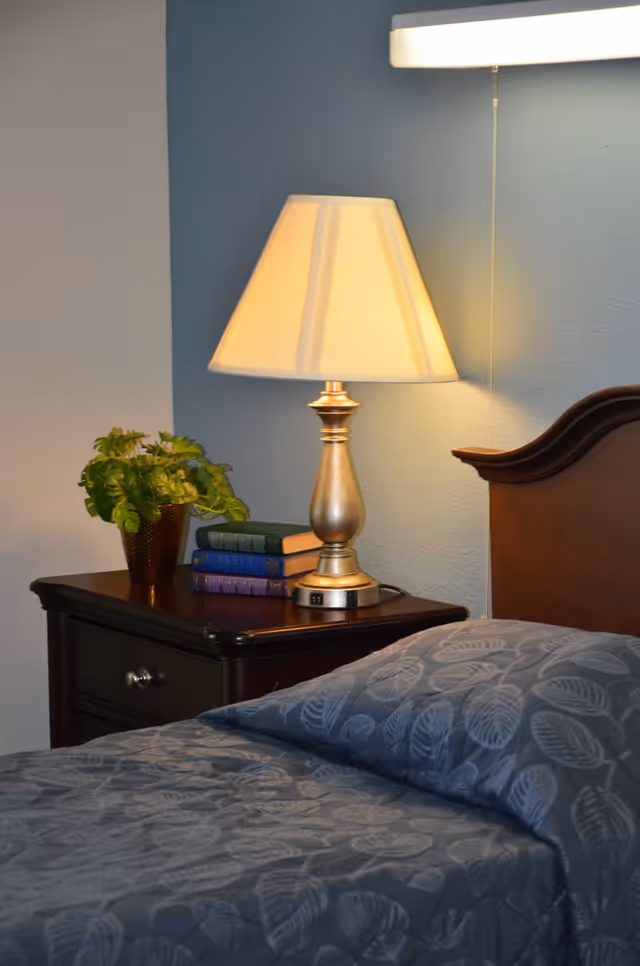 A bedside table holding a lit lamp, potted plant and stacked books next to a bed with patterned bedding.