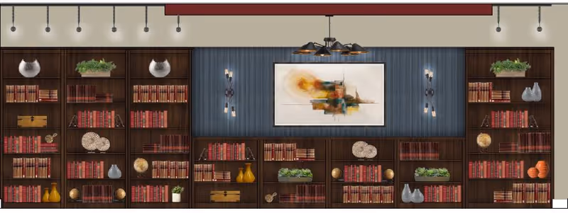 Interior view of a wall with multiple dark wooden bookshelves filled with red books, decorative plants, vases, and art pieces. A large abstract painting is centered on a blue textured wall above the bookshelves, flanked by two wall sconces with exposed bulbs. A ceiling light fixture with multiple bulbs hangs above.