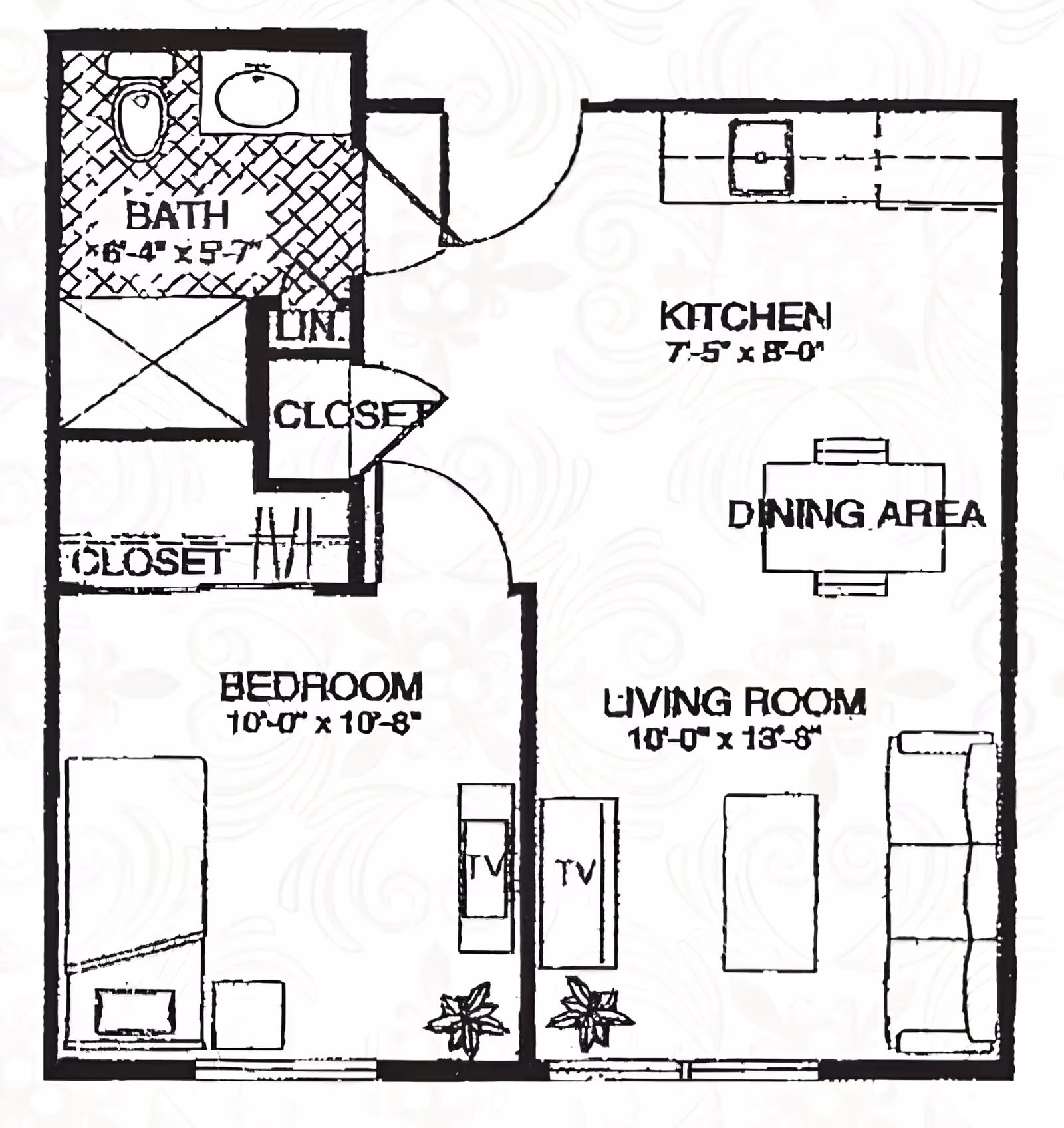 Black-and-white floor plan of a one-bedroom apartment showing a bedroom, bath, kitchen, dining area and living room with furniture outlines.