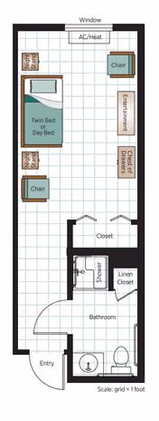 Floor plan of a senior living unit at Belmont Village Senior Living Turtle Creek showing an entry leading into a bathroom with a sink, toilet, shower, and linen closet. The main room includes a twin or day bed with two night stands, two chairs, an entertainment unit, a chest of drawers, a closet, and an AC/Heat unit under a window. The scale grid indicates 1 foot per square.