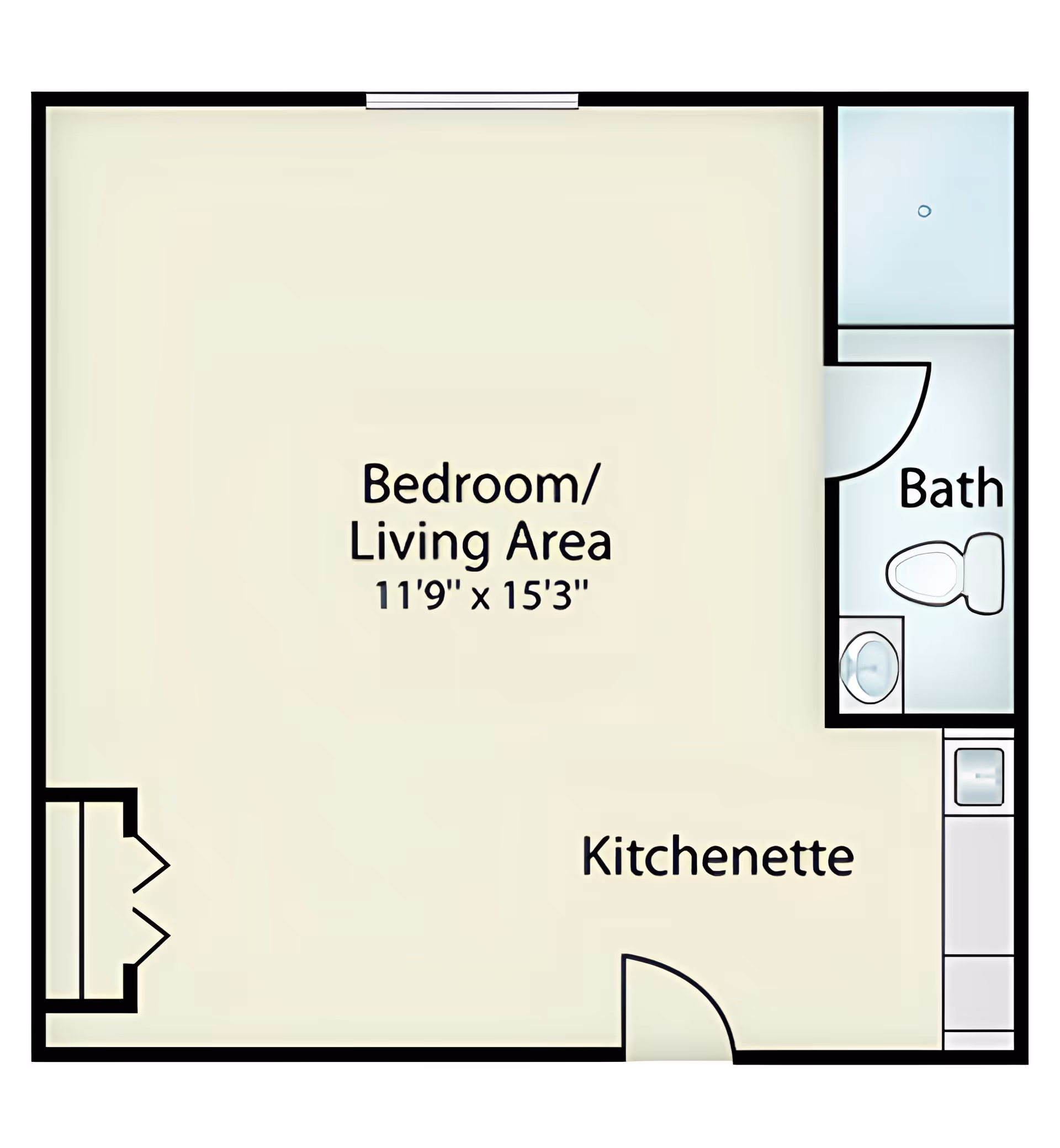 Floor plan of a studio apartment at Commonwealth Senior Living at Georgian Manor showing a combined bedroom and living area measuring 11 feet 9 inches by 15 feet 3 inches, a kitchenette, and a bathroom with a toilet, sink, and shower.
