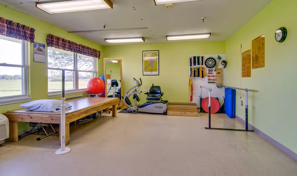 A physical therapy or rehabilitation room with light green walls, large windows with plaid valances, a wooden therapy table with a pillow, exercise equipment including a stationary recumbent bike, therapy balls, parallel bars, and various therapy tools mounted on the wall.