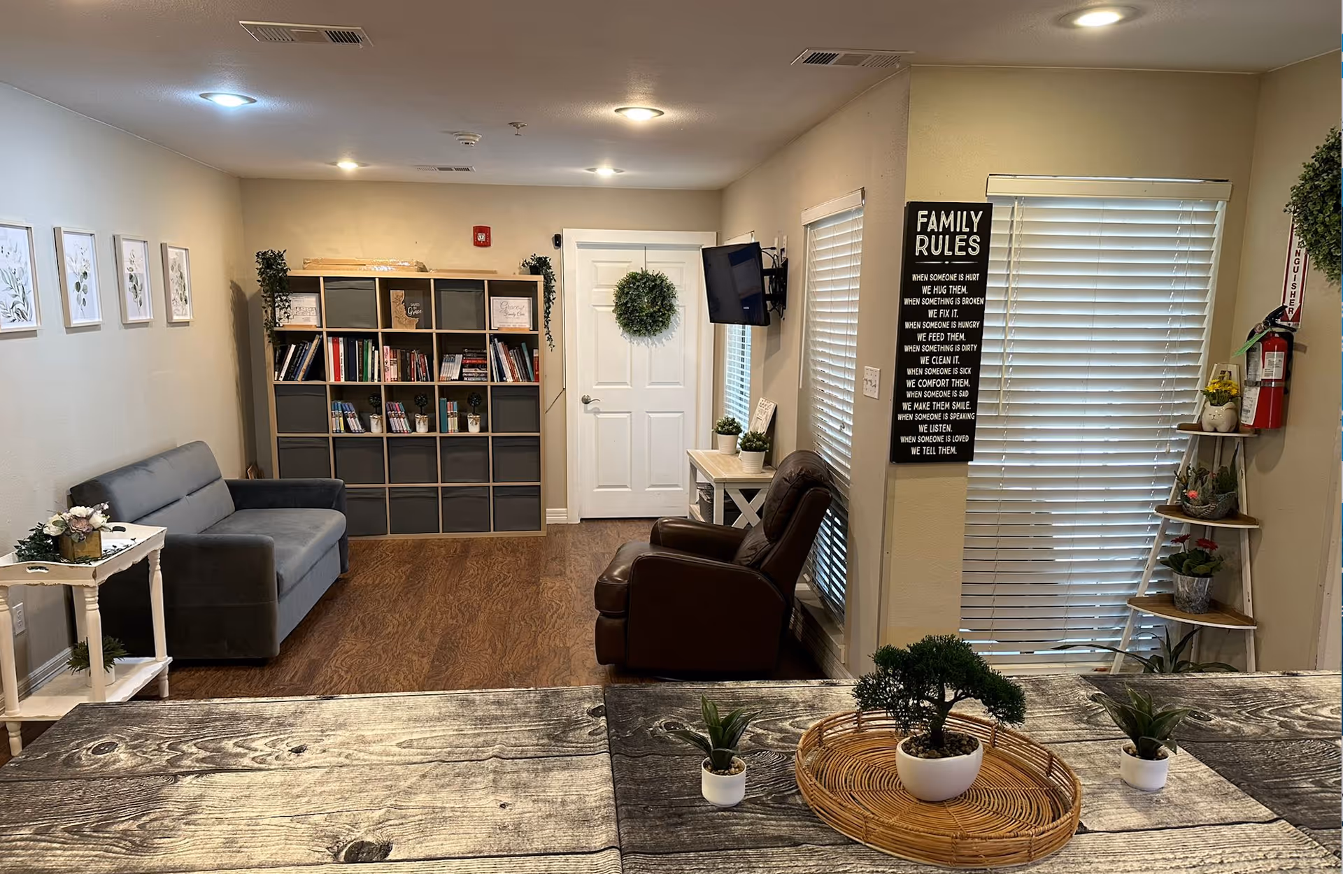Bright interior lounge with sofa, recliner, shelving, plants, and large window blinds.
