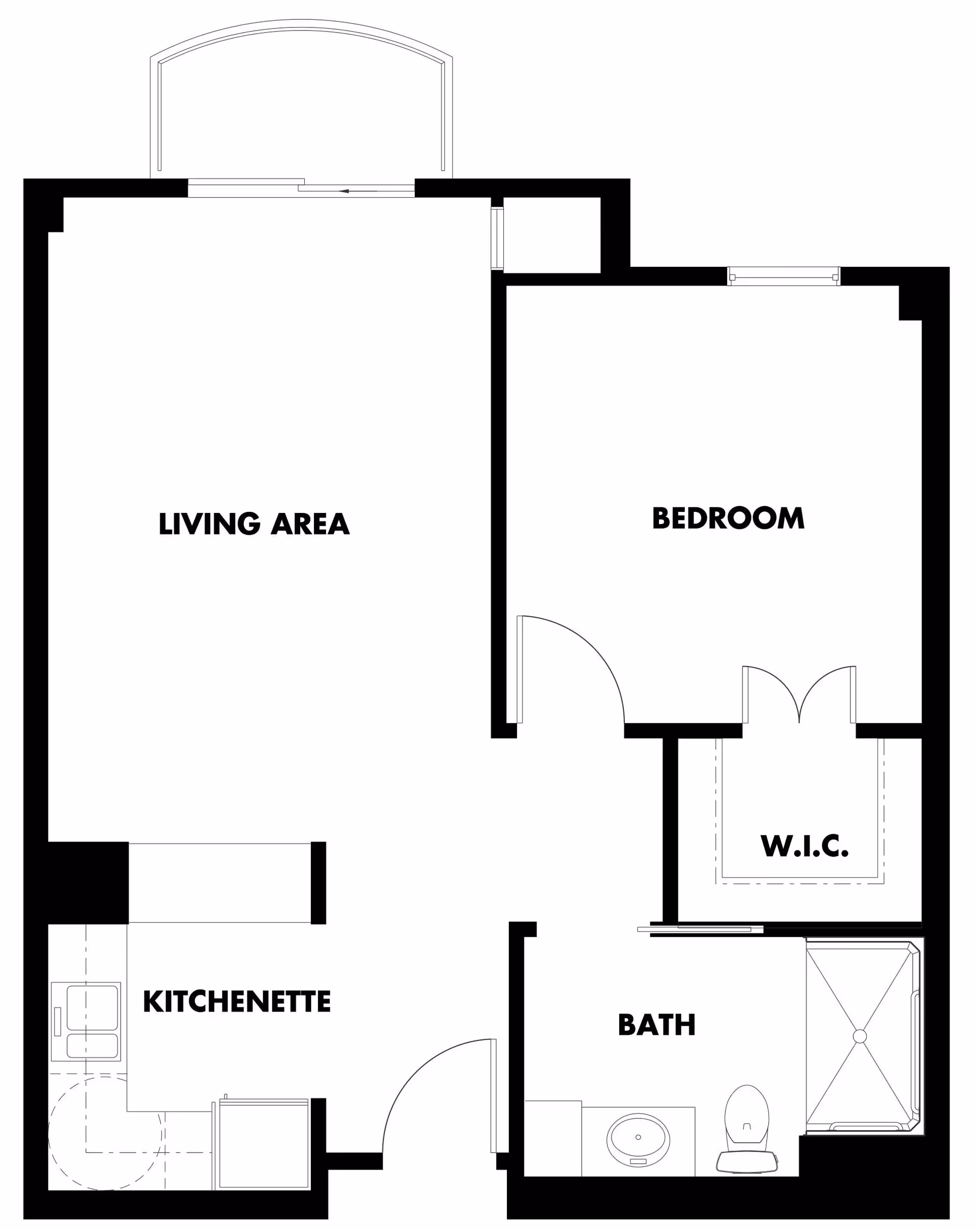 Black-and-white one-bedroom floor plan showing a living area, bedroom with W.I.C., kitchenette, and bathroom.