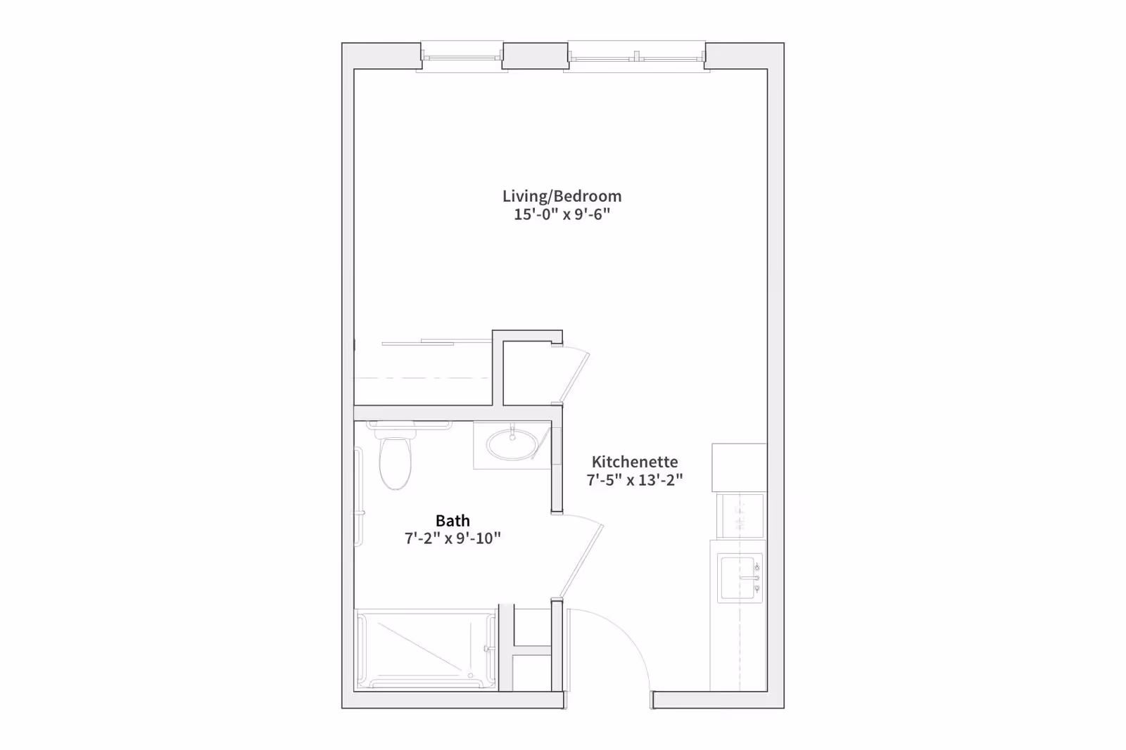 Architectural floor plan of a small living space at Silver Birch of Kokomo, showing a combined living and bedroom area measuring 15 feet by 9 feet 6 inches, a kitchenette measuring 7 feet 5 inches by 13 feet 2 inches, and a bathroom measuring 7 feet 2 inches by 9 feet 10 inches.