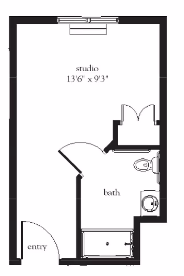 Architectural floor plan of a studio apartment at Atria North Point, showing an entry area, a studio space measuring 13 feet 6 inches by 9 feet 3 inches, and a bathroom with a bathtub, toilet, and sink.