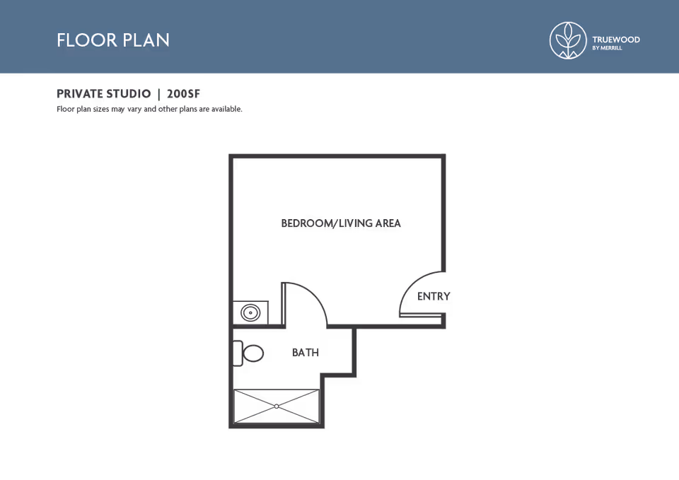 Floor plan of a private studio apartment at Truewood by Merrill, New Bern, showing a combined bedroom and living area, an entryway, and a bathroom with a toilet, sink, and shower. The total area is 200 square feet.