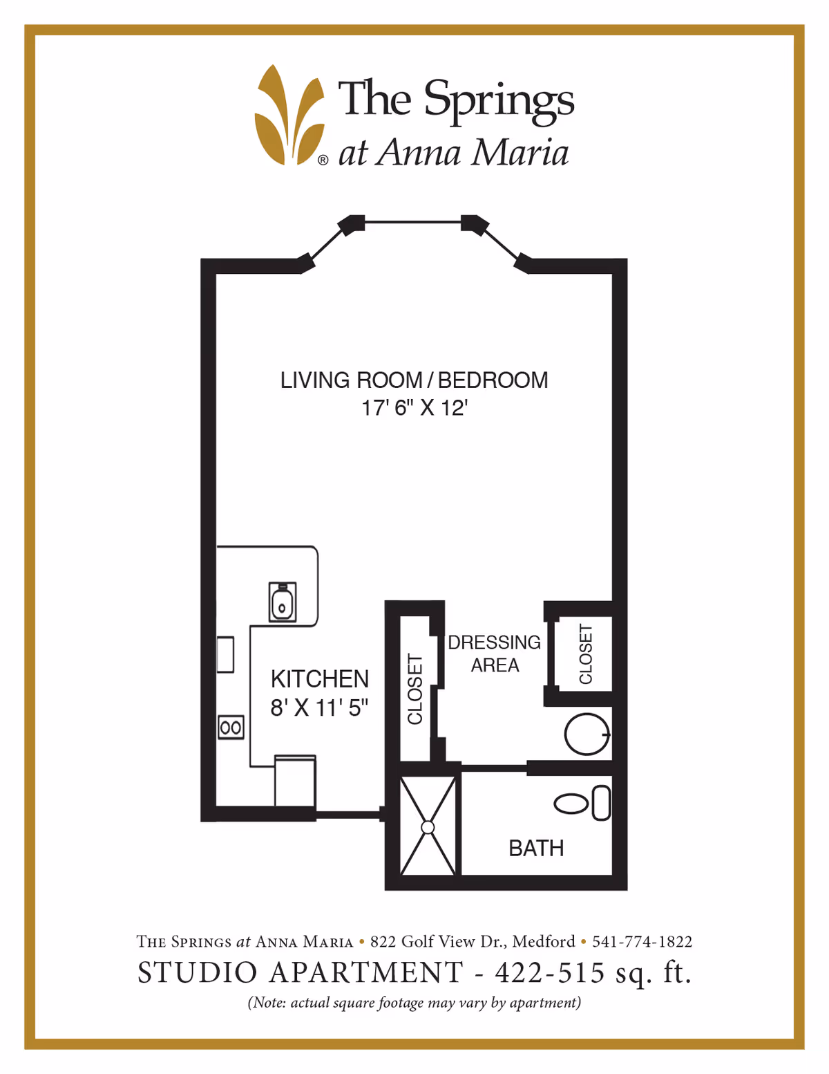 Floor plan of a studio apartment at The Springs at Anna Maria showing a living room/bedroom area measuring 17 feet 6 inches by 12 feet, a kitchen measuring 8 feet by 11 feet 5 inches, a dressing area with two closets, and a bathroom.