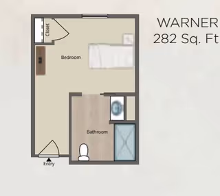 Floor plan layout of a small living space named Warner, showing a bedroom with a bed and closet, an entry door, and an attached bathroom with a toilet, sink, and shower. The total area is 282 square feet.