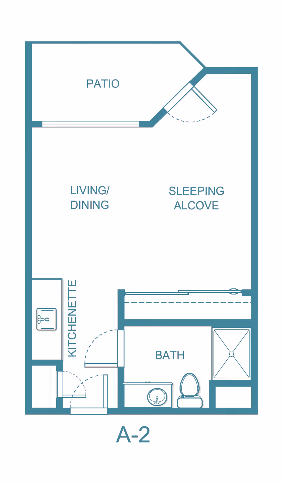 Architectural floor plan of a studio apartment labeled A-2 at Solista Grants Pass, showing a patio, living/dining area, sleeping alcove, kitchenette, and bathroom with a shower, toilet, and sink.