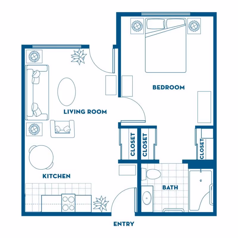 Floor plan of a one-bedroom senior living unit at Springfield Place, showing a bedroom with a bed and closets, a living room with sofa and chair, a kitchen area with stove and sink, a bathroom with bathtub and toilet, and an entryway.