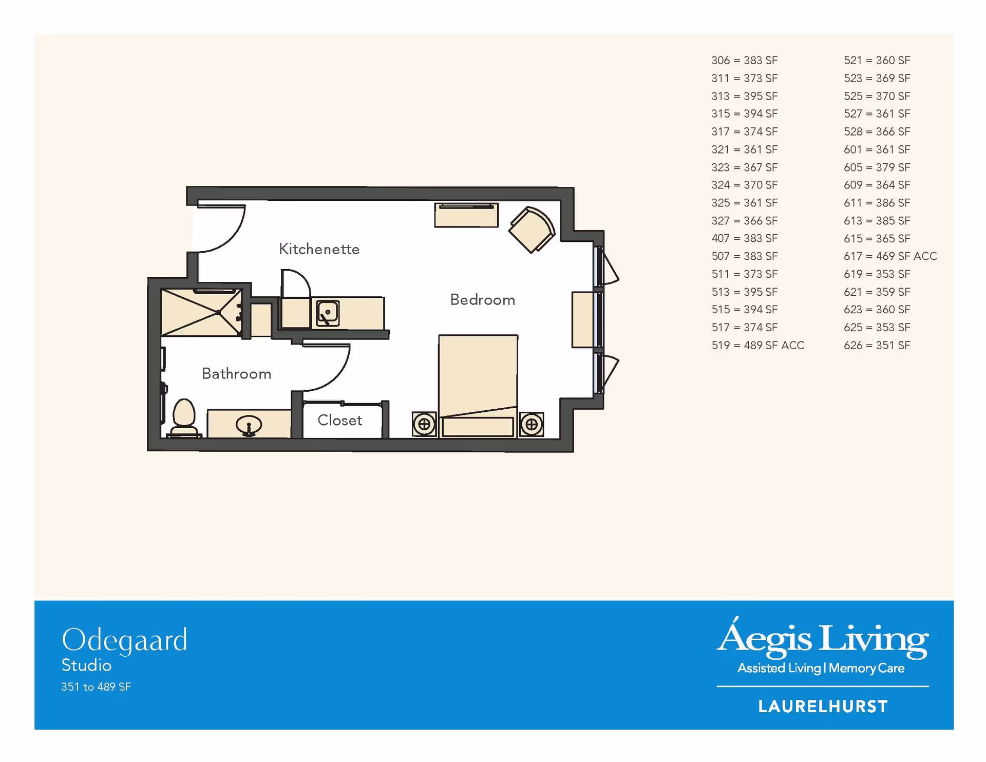 Floor plan of a studio apartment named Odegaard at Aegis Living Laurelhurst, showing a kitchenette, bedroom, bathroom, and closet. The layout includes a bed, chair, and small kitchenette area with a sink. Square footage options are listed on the right side.