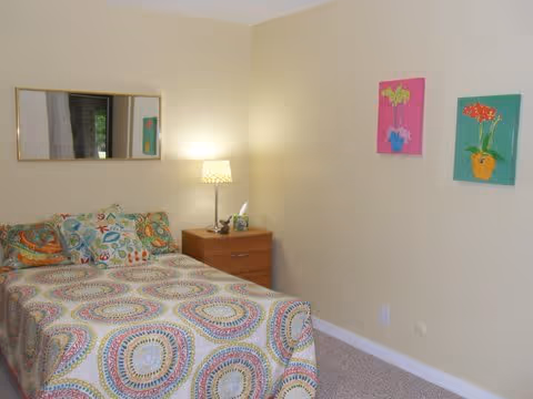 A bedroom with a bed covered in a colorful patterned bedspread and matching pillows. There is a wooden nightstand next to the bed with a lamp and a box of tissues. Two colorful floral paintings hang on the beige wall above the nightstand, and a rectangular mirror is mounted on the wall above the bed.