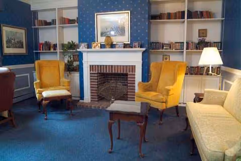 Cozy living room with blue walls, a fireplace, built-in bookshelves, and yellow armchairs.