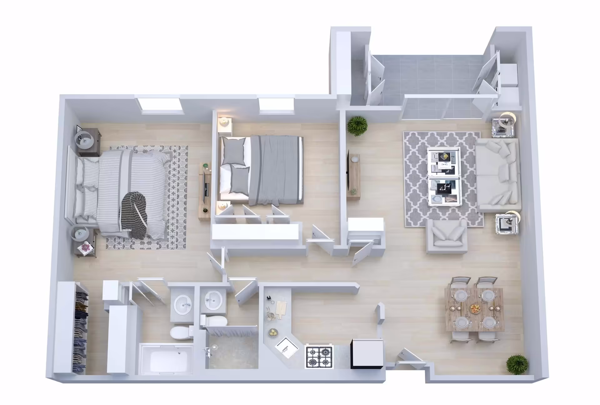 3D floor plan of an apartment featuring two bedrooms, a bathroom with a bathtub and shower, a kitchen with a stove and sink, a dining area with a table set for four, and a living room with a sofa, armchair, coffee table, and TV. There is also a balcony area with double doors and several closets throughout the unit.