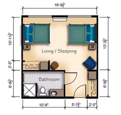 Floor plan of a memory care living and sleeping area with two beds, two closets, a bathroom with a shower, toilet, and sink, and a small seating area with a chair.