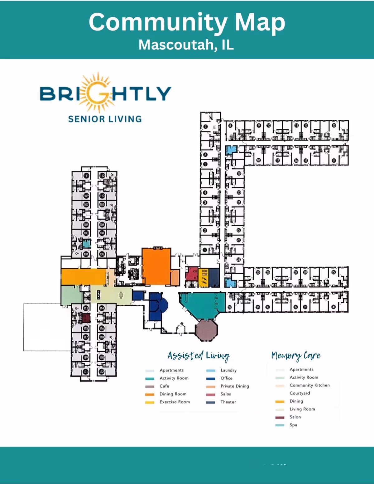 Community map of Brightly Senior Living in Mascoutah, IL showing the layout of assisted living and memory care areas with color-coded rooms including apartments, activity rooms, cafe, dining room, exercise room, laundry, office, private dining, salon, theater, community kitchen, courtyard, living room, and spa.