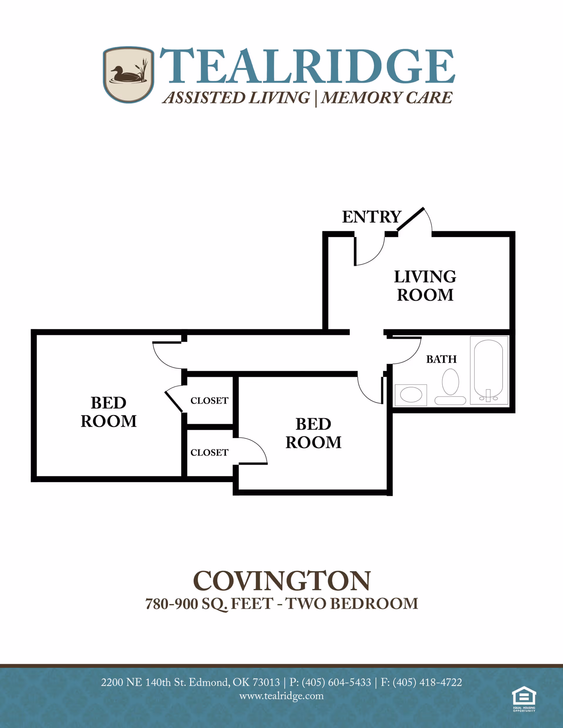 Floor plan layout of a two-bedroom assisted living apartment named Covington at Tealridge Assisted Living and Memory Care. The plan shows an entry leading to a living room, a bathroom with a bathtub, toilet, and sink, and two bedrooms each with closets. The total area is 780-900 square feet.