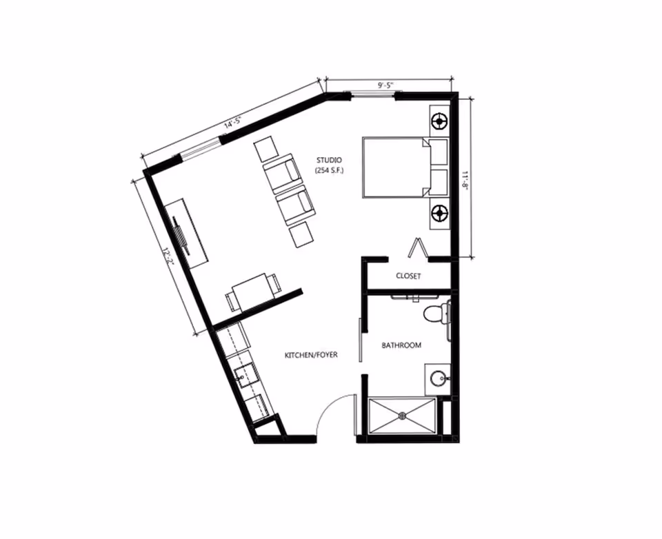 Black-and-white floor plan of a studio apartment showing a kitchen/foyer, living area, bed area, closet and bathroom with dimensions.
