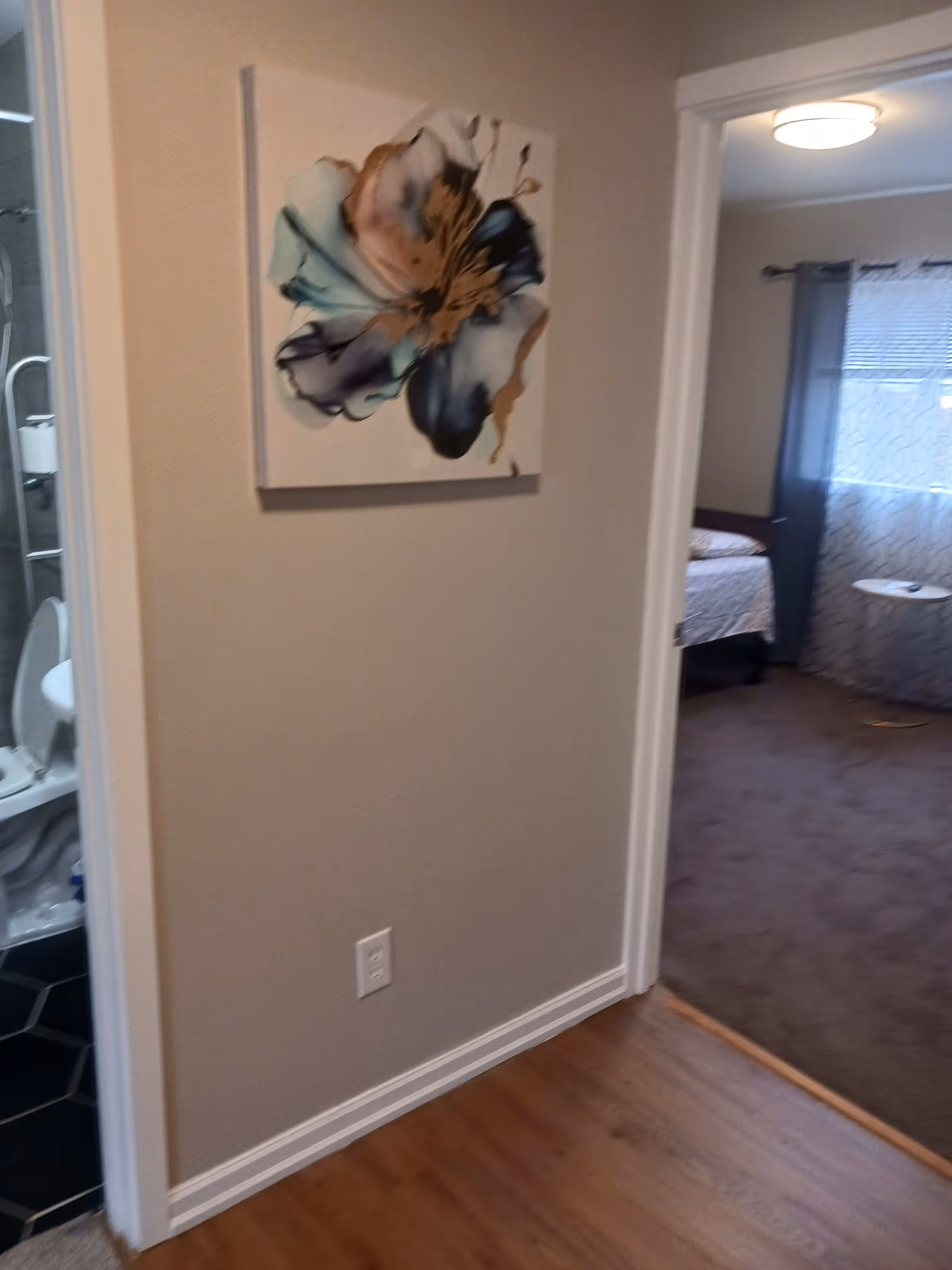 View of a hallway with a floral painting on the wall, leading to a bedroom with a bed, side table, and window with curtains. To the left, there is a glimpse of a bathroom with a toilet and shower area.